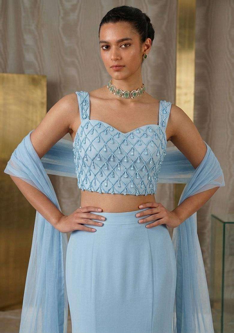 Sky Blue Embroidered Handwork Lehenga Set - Indya