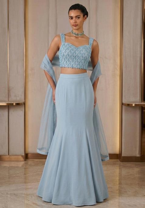 Sky Blue Crepe Embellished Lehenga Set