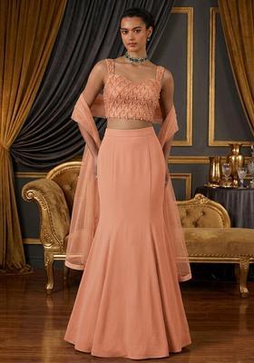 Peach Embroidered Handwork Lehenga Set