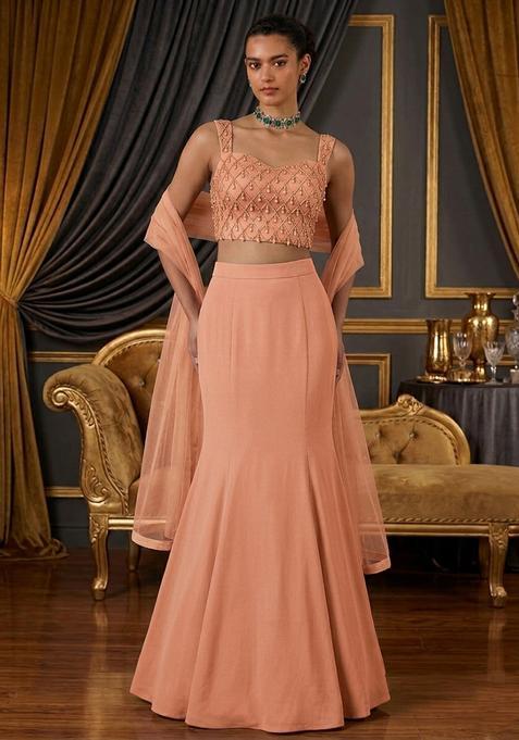 Peach Crepe Embellished Lehenga Set