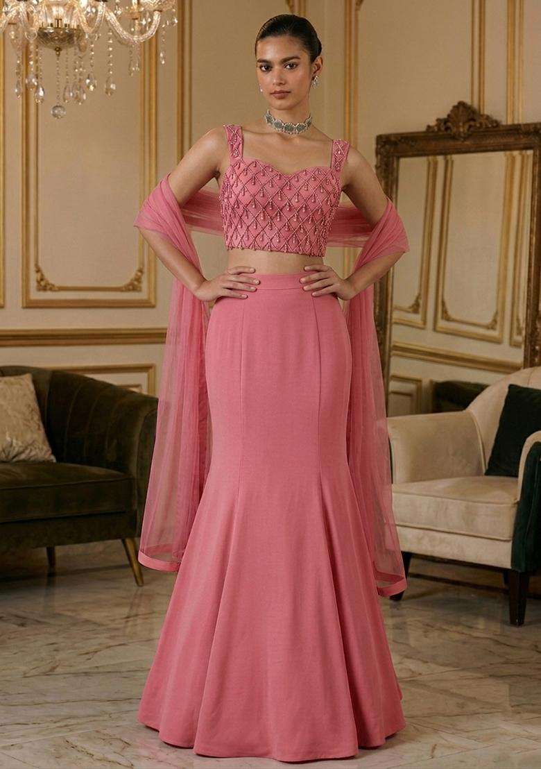 Rose Pink Embroidered Handwork Lehenga Set - Indya