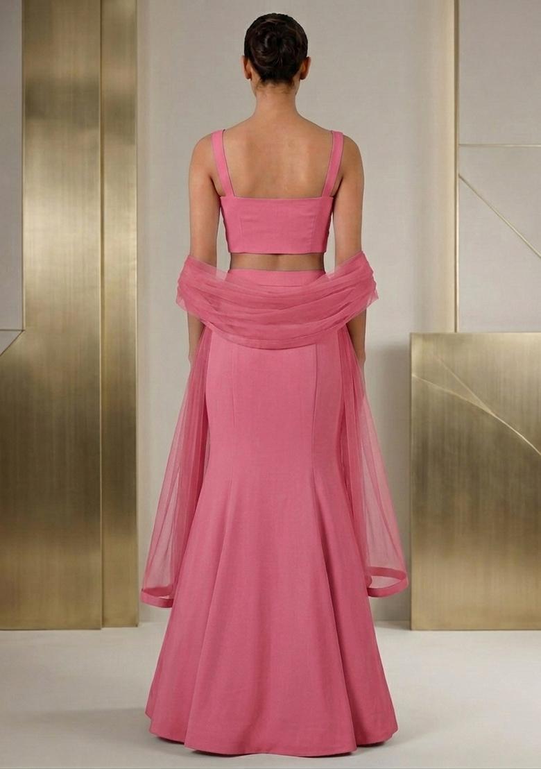 Rose Pink Embroidered Handwork Lehenga Set - Indya