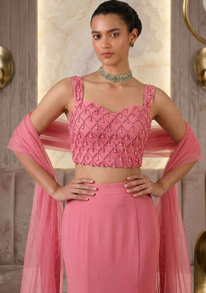 Rose Pink Embroidered Handwork Lehenga Set - Indya
