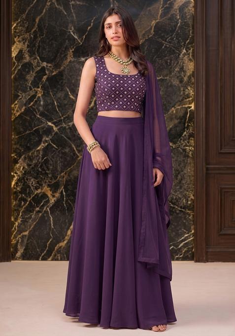 Voilet Silk Blend Embroidered Lehenga Set