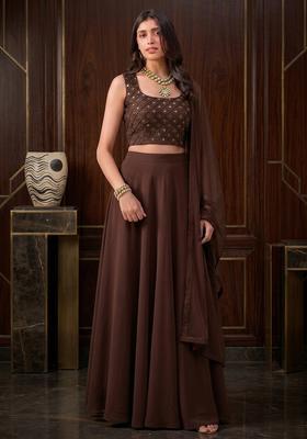 Chocolate Brown Embroidered Handwork Lehenga Set