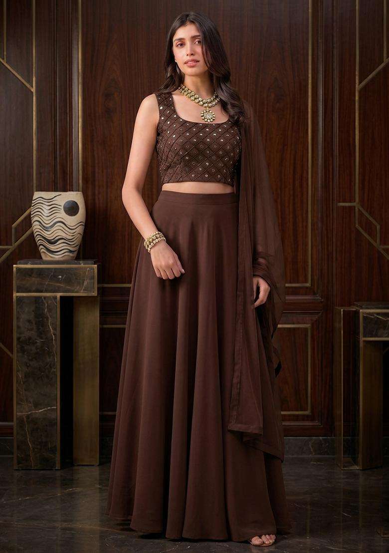 Chocolate Brown Embroidered Handwork Lehenga Set - Indya