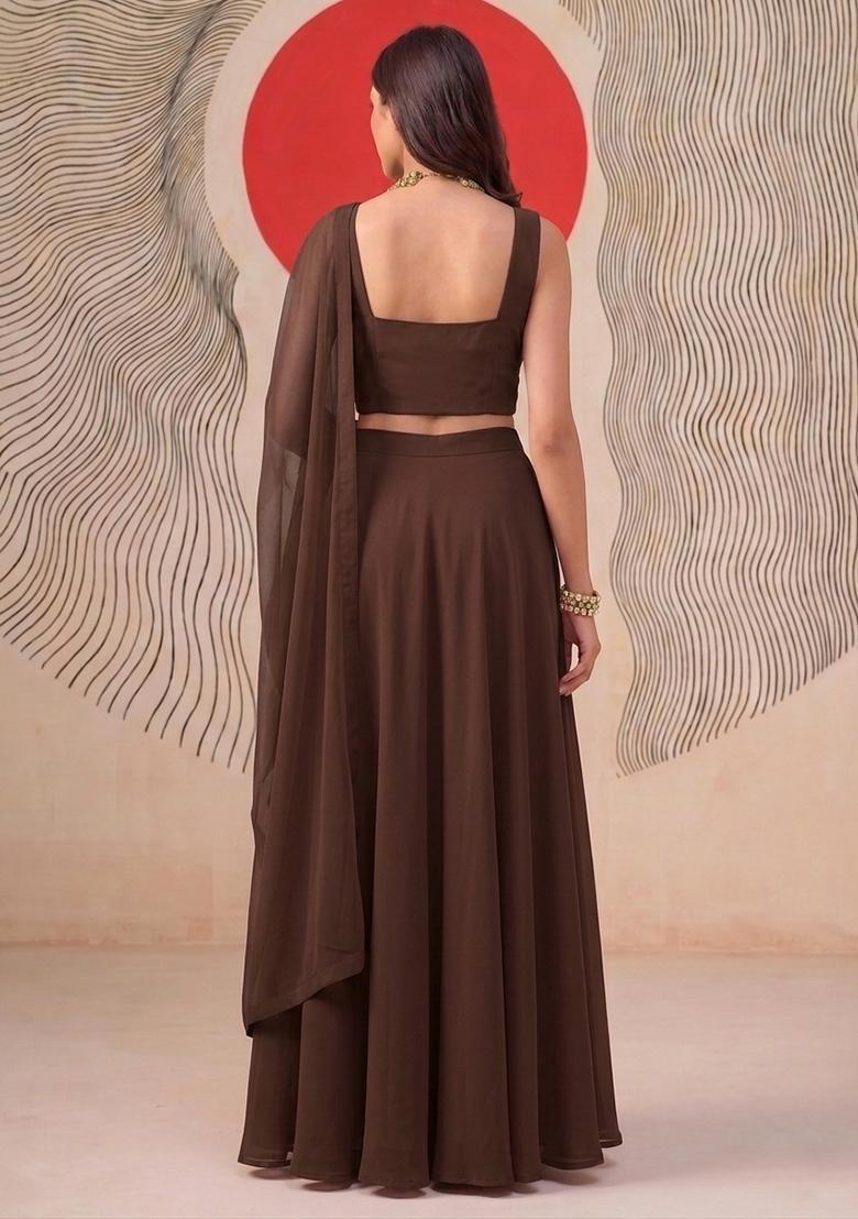 Chocolate Brown Embroidered Handwork Lehenga Set - Indya