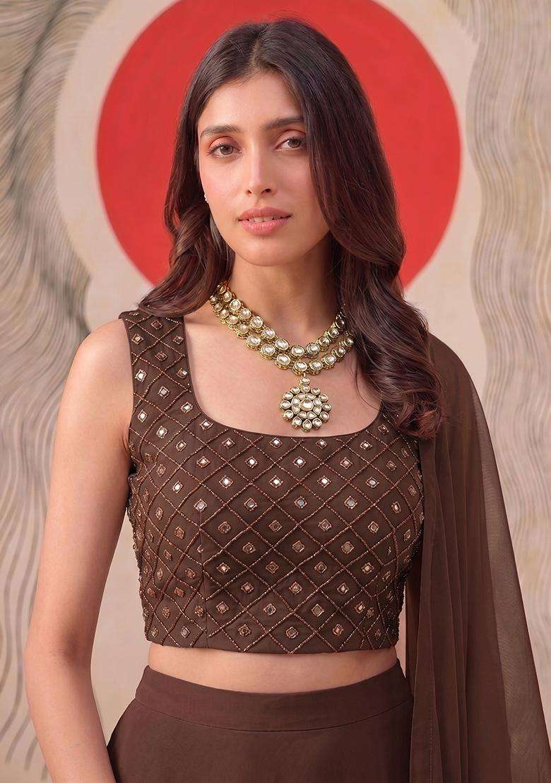 Chocolate Brown Embroidered Handwork Lehenga Set - Indya