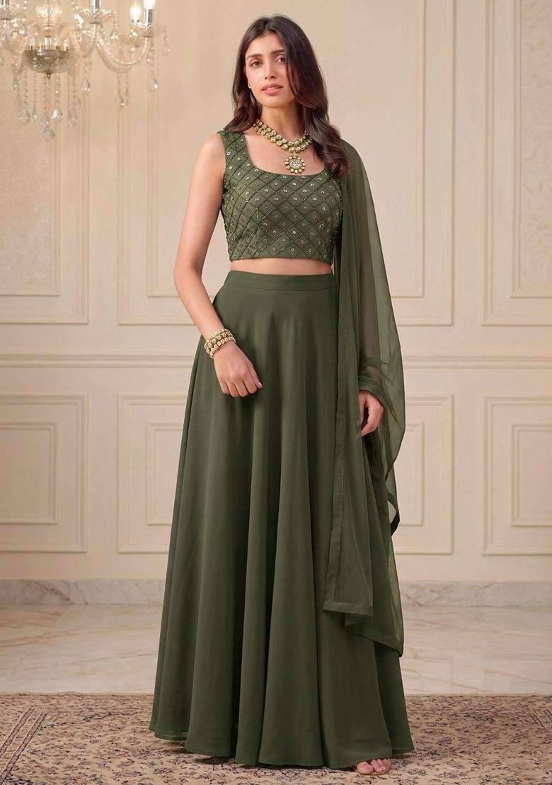 Olive Green Embroidered Handwork Lehenga Set - Indya