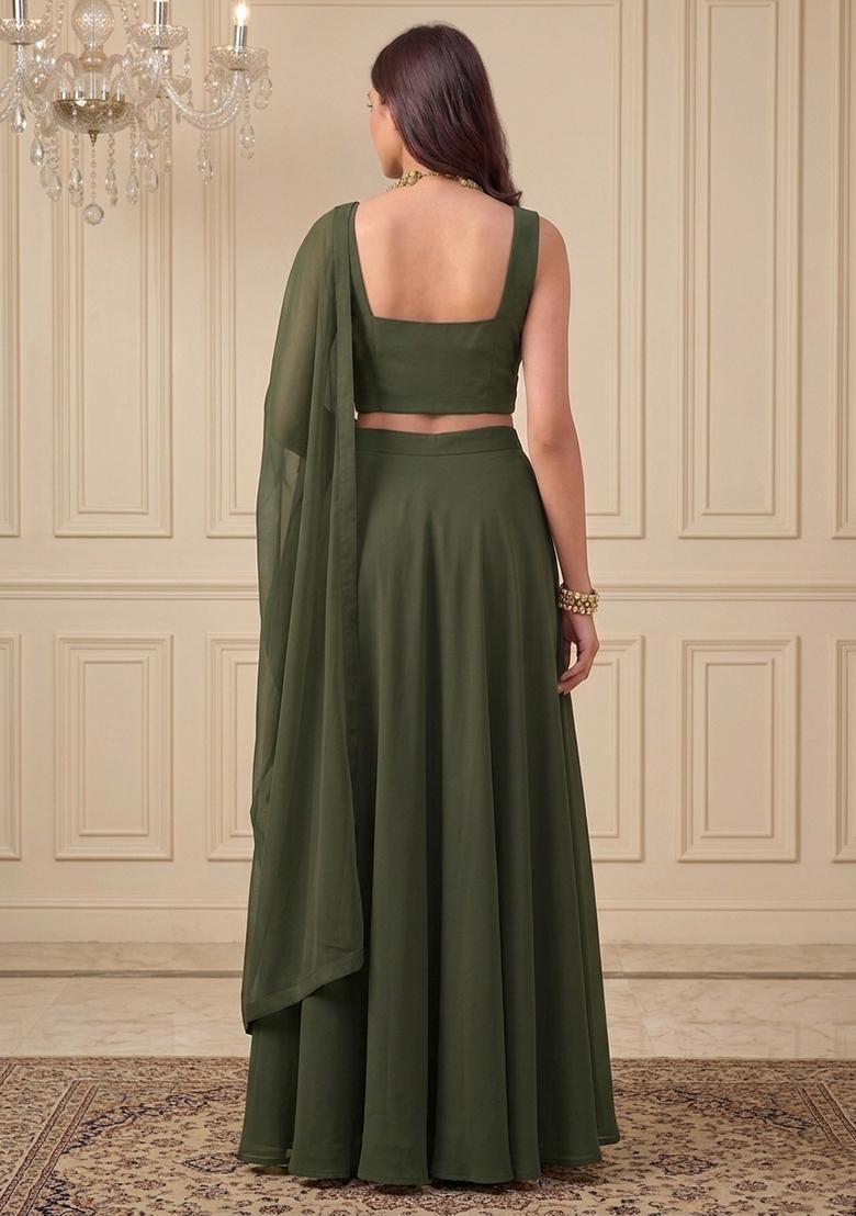 Olive Green Embroidered Handwork Lehenga Set - Indya