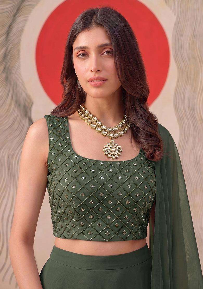 Olive Green Embroidered Handwork Lehenga Set - Indya