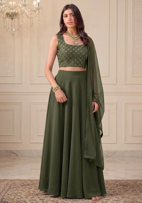 Olive Green Georgette Embroidered Lehenga Set