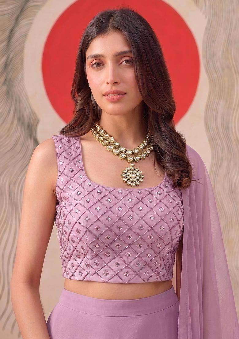 Lilac Embroidered Handwork Lehenga Set - Indya