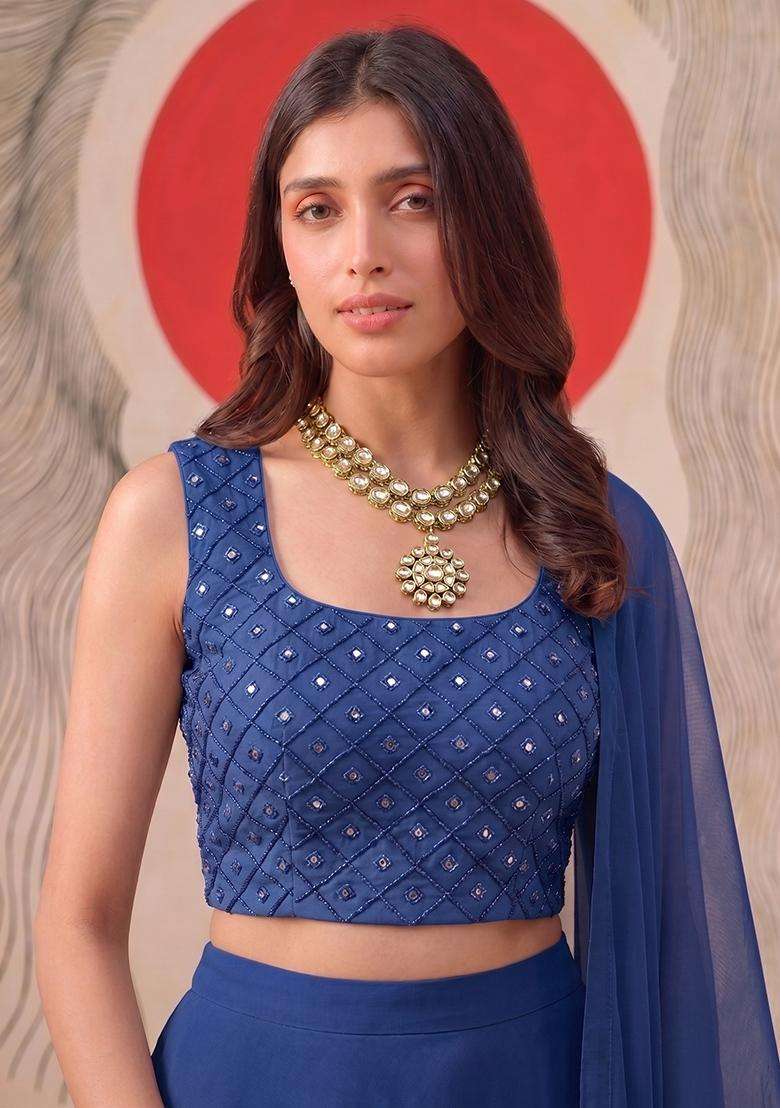 Royal Blue Embroidered Handwork Lehenga Set - Indya