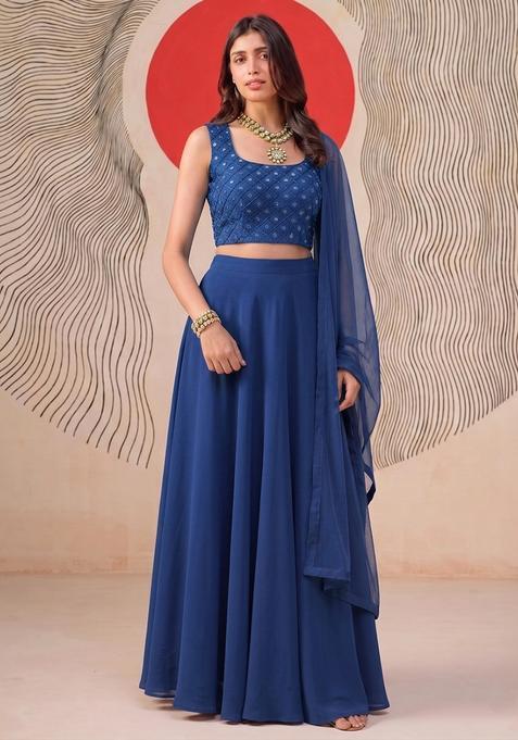 Royal Blue Silk Blend Mirror Work Lehenga Set