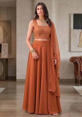 Burnt Orange Embroidered Handwork Lehenga Set
