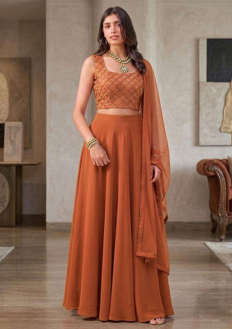 Burnt Orange Embroidered Handwork Lehenga Set - Indya