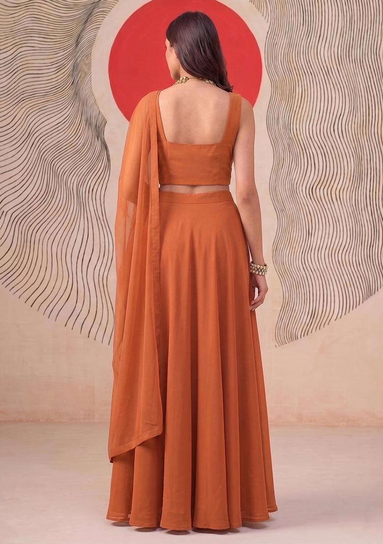 Burnt Orange Embroidered Handwork Lehenga Set - Indya