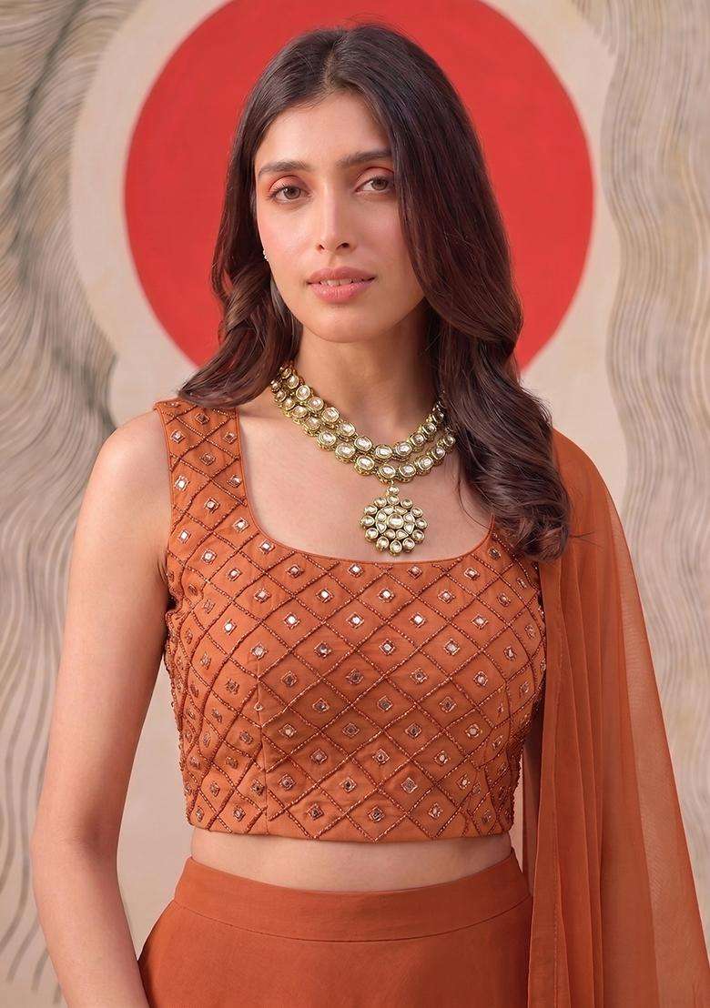 Burnt Orange Embroidered Handwork Lehenga Set - Indya