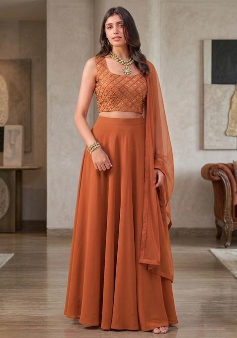 Burnt Orange Silk Blend Embroidered Lehenga Set