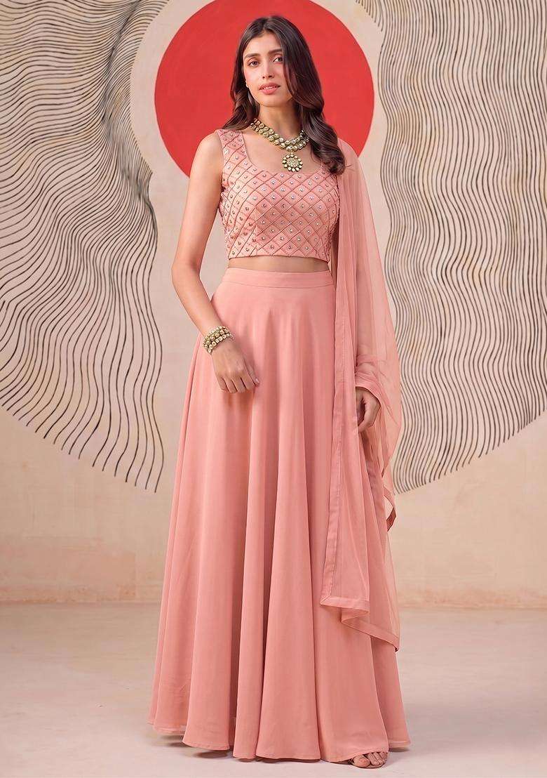 Peach Embroidered Handwork Lehenga Set - Indya
