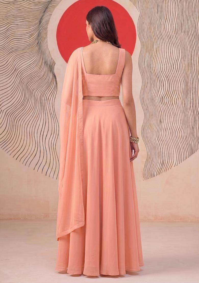Peach Embroidered Handwork Lehenga Set - Indya