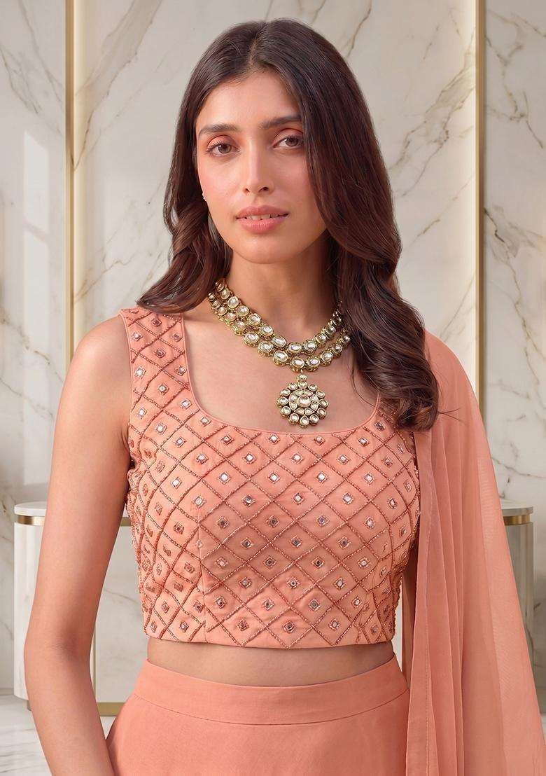 Peach Embroidered Handwork Lehenga Set - Indya