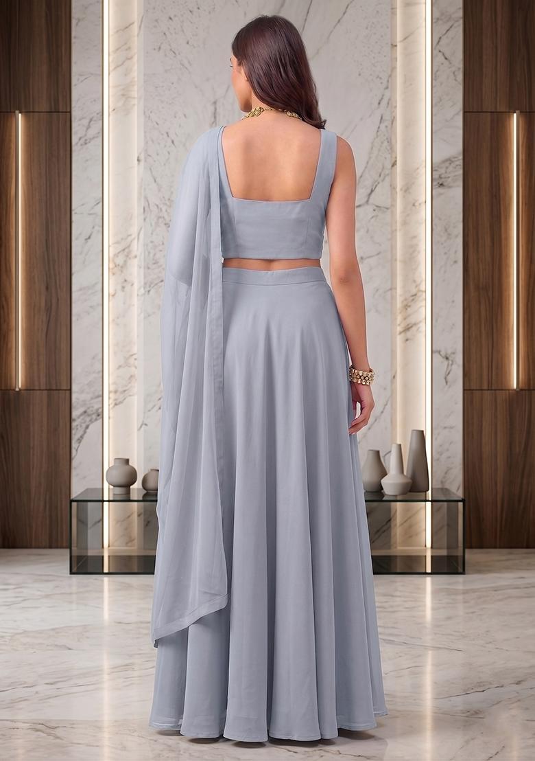 Stone Grey Embroidered Handwork Lehenga Set - Indya
