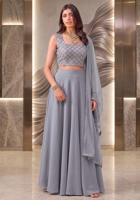 Stone Grey Georgette Mirror Work Lehenga Set