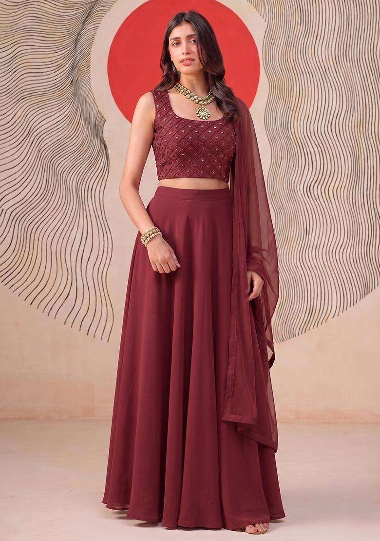 Maroon Embroidered Handwork Lehenga Set - Indya