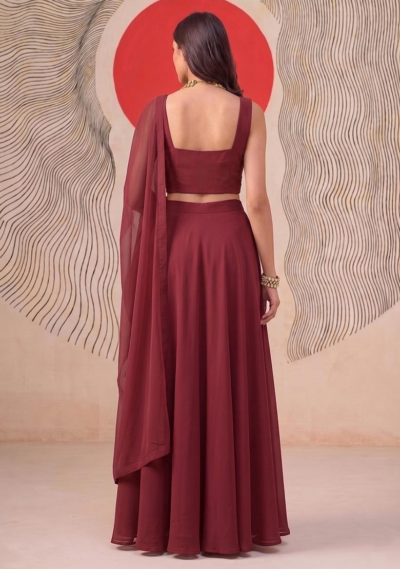 Maroon Embroidered Handwork Lehenga Set - Indya