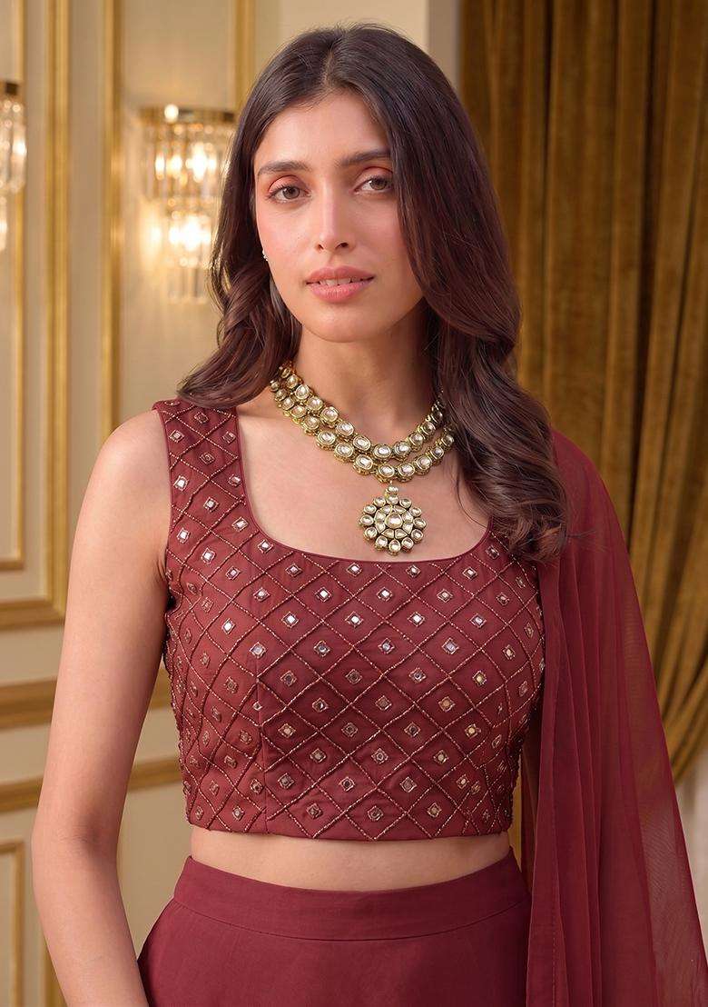 Maroon Embroidered Handwork Lehenga Set - Indya