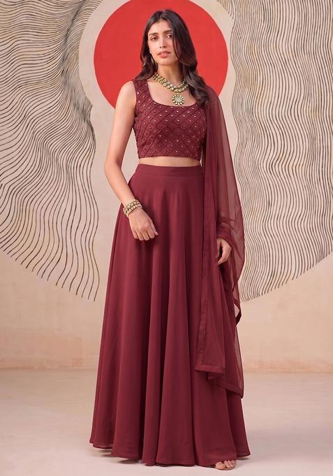 Maroon Silk Blend Embellished Lehenga Set