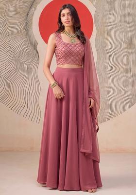 Onion Pink Embroidered Handwork Lehenga Set