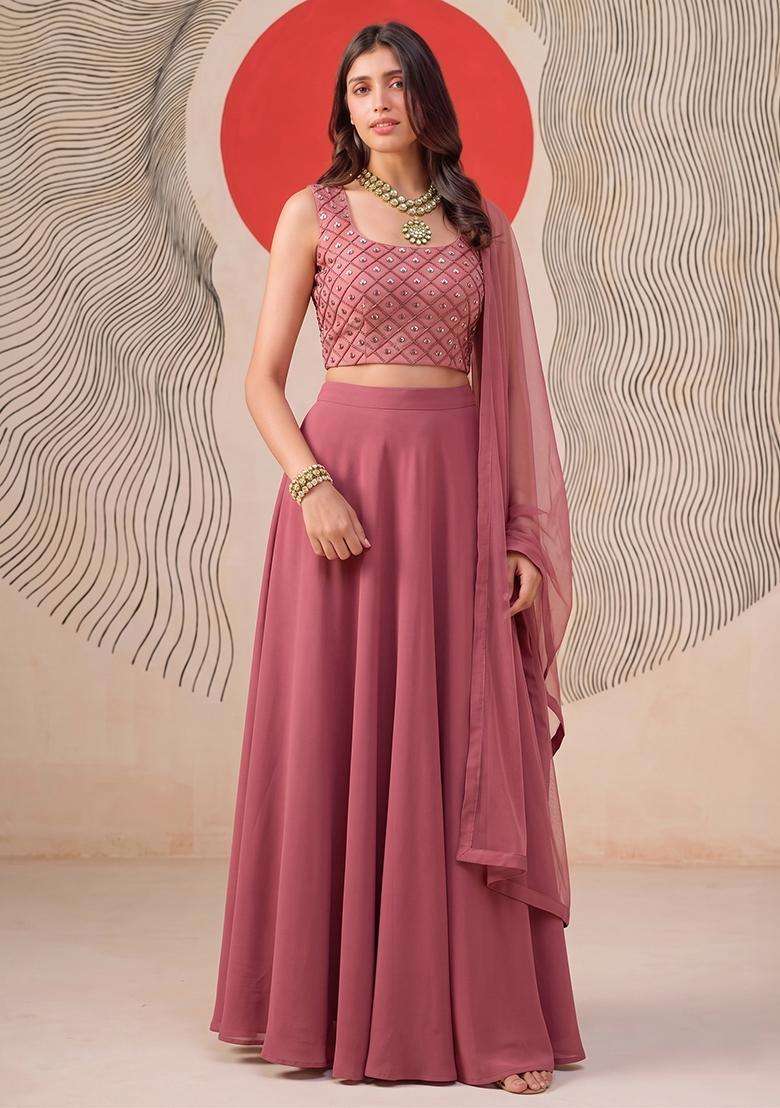 Onion Pink Embroidered Handwork Lehenga Set - Indya