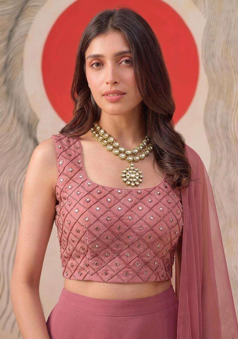 Onion Pink Embroidered Handwork Lehenga Set - Indya