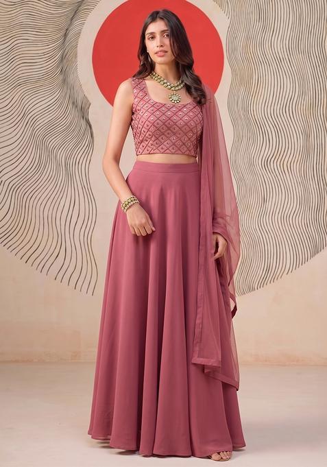 Onion Pink Silk Blend Mirror Work Lehenga Set