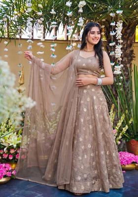 Tan Brown Chanderi Silk Blend Zari Work Lehenga Set