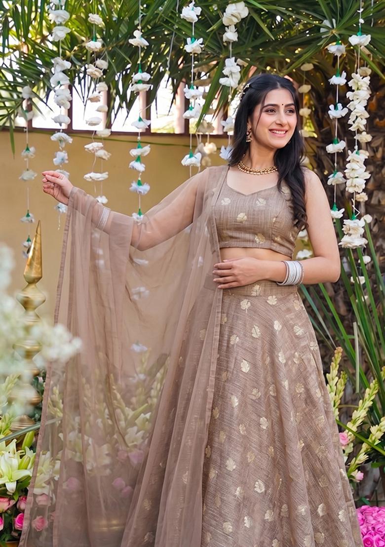 Tan Brown Chanderi Silk Blend Zari Work Lehenga Set - Indya
