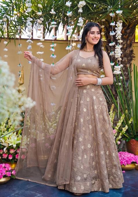Beige Chanderi Silk Zari Work Lehenga Set