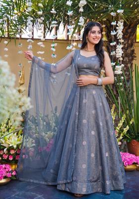 Pigeon Blue Jacquard Brocade Lehenga Set
