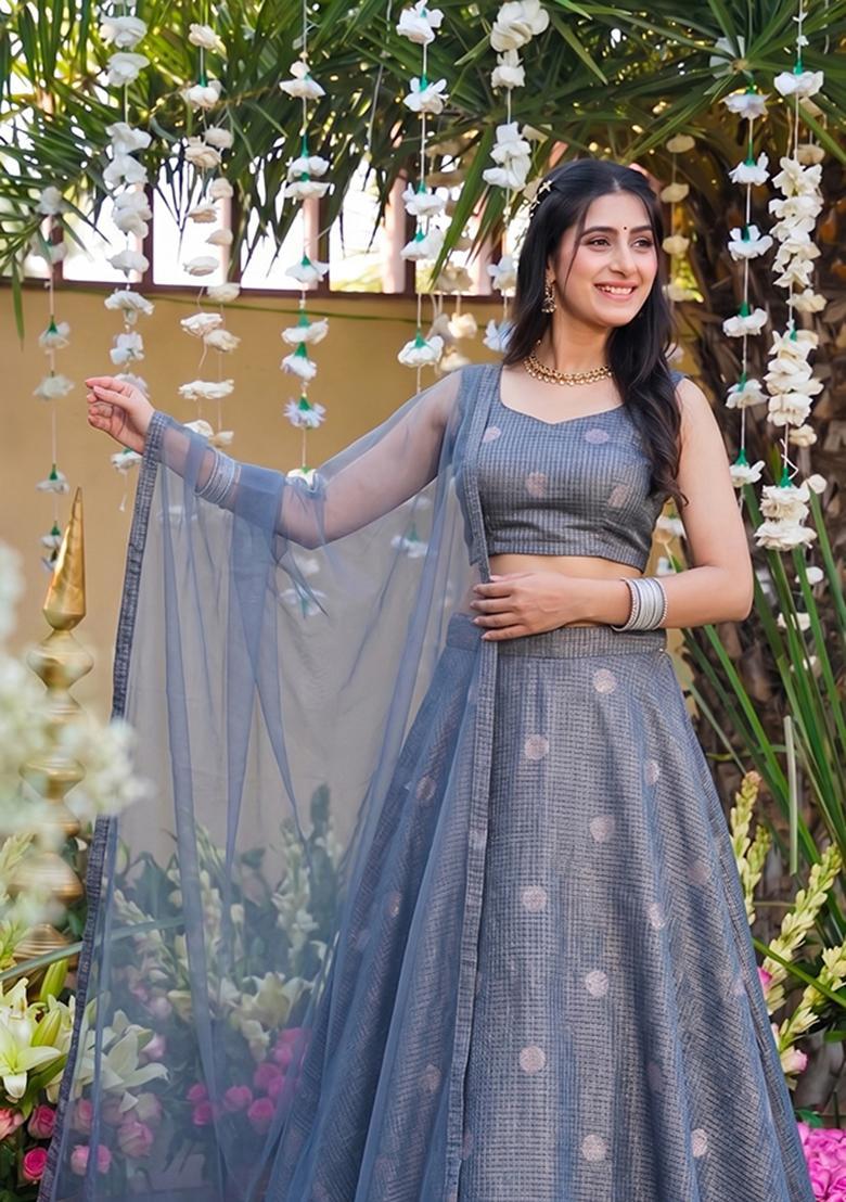 Pigeon Blue Jacquard Brocade Lehenga Set - Indya