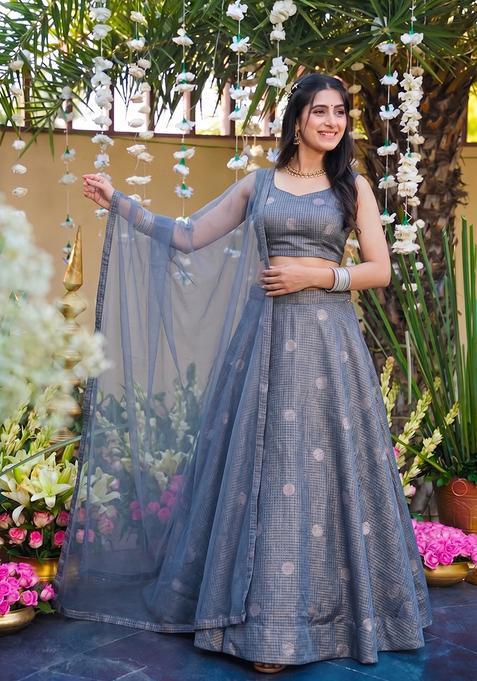 Pigeon Blue Silk Blend Zari Work Lehenga Set