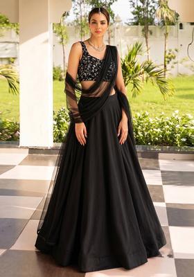 Deep Black Embroidered Poly Blend Lehenga Set