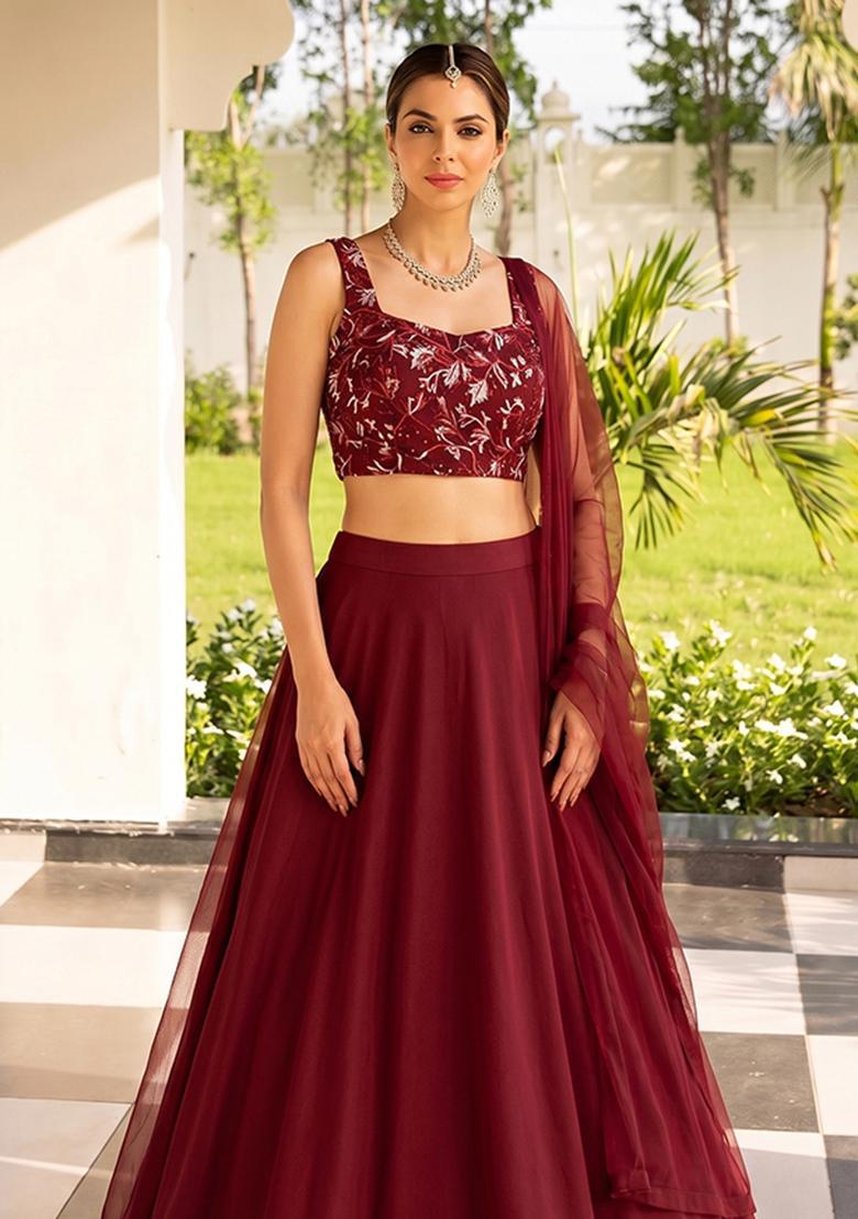 Cherry Red Embroidered Poly Blend Lehenga Set - Indya