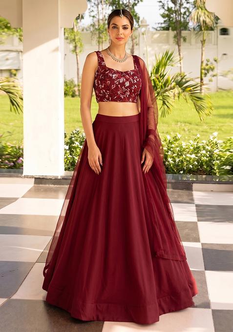 Cherry Red Net Embroidered Lehenga Set