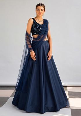Navy Blue Sequin Poly Blend Lehenga Set