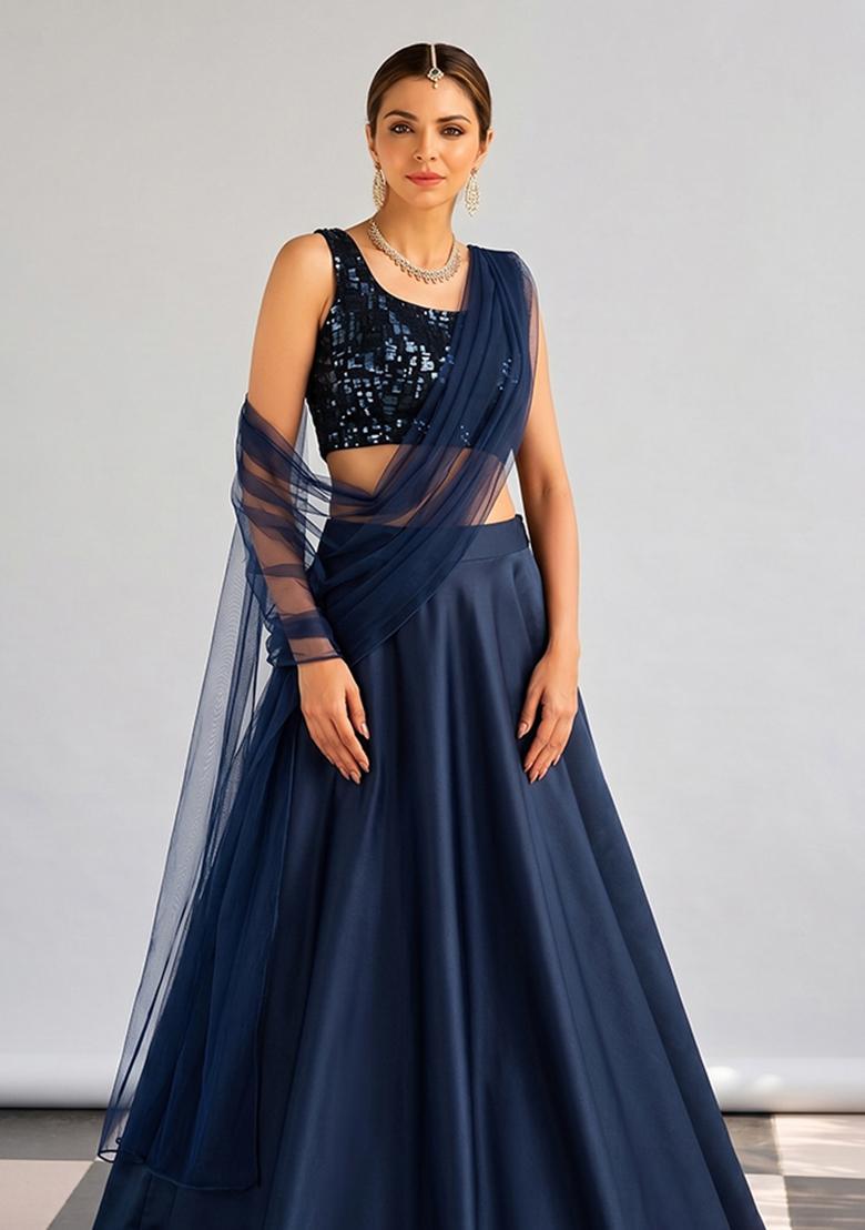 Navy Blue Sequin Poly Blend Lehenga Set - Indya