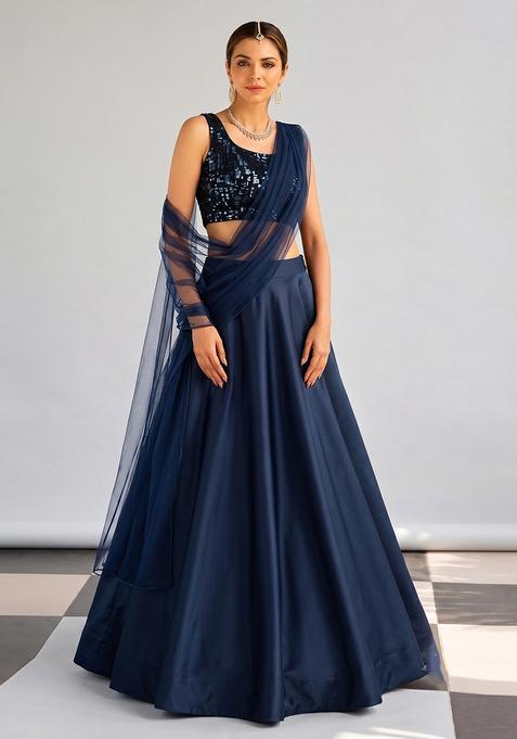 Navy Blue Net Sequin Work Lehenga Set