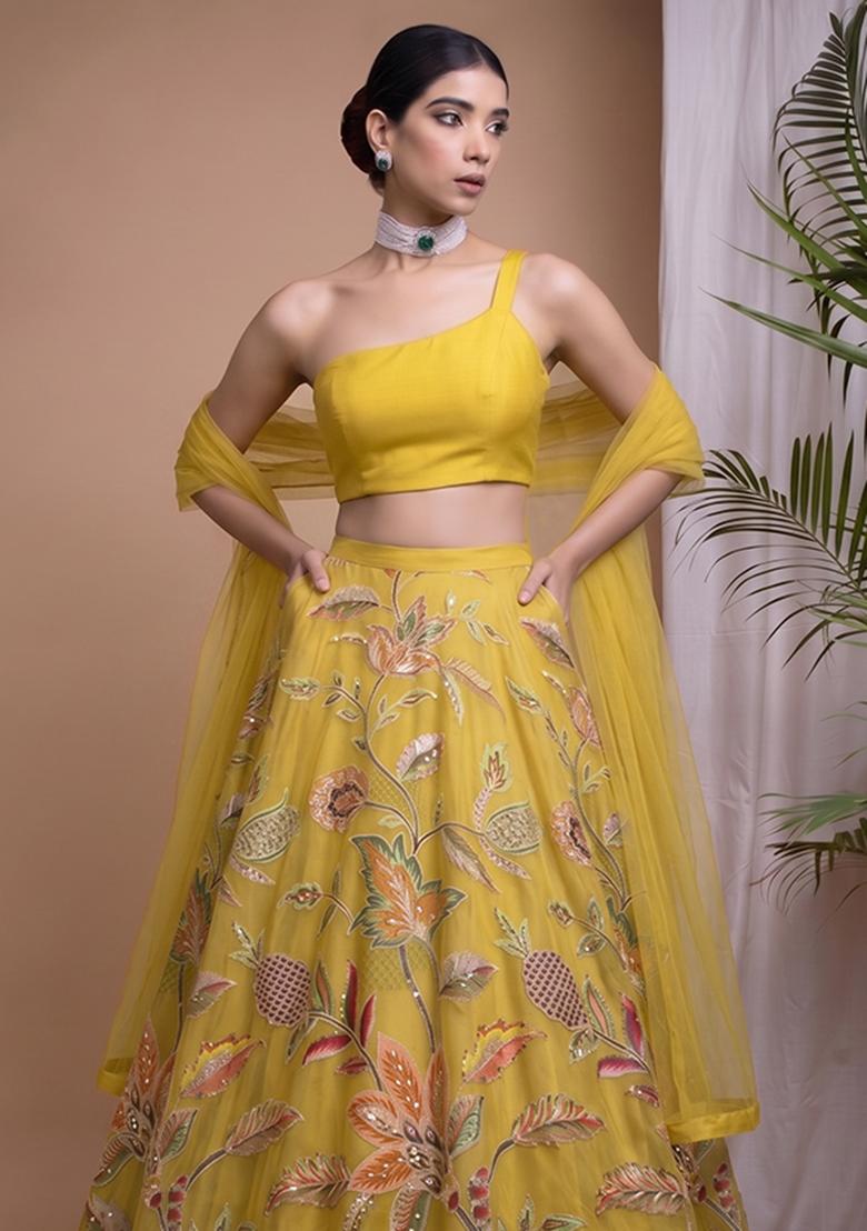Mustard Printed Organza Lehenga Set - Indya